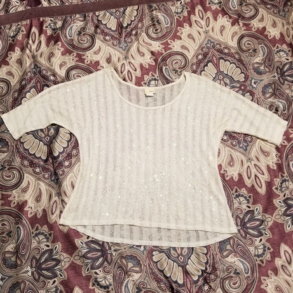 Daytrip Cream Sequin Knit Oversized Loose Fit Shabby Chic Boho Tunic Blouse  